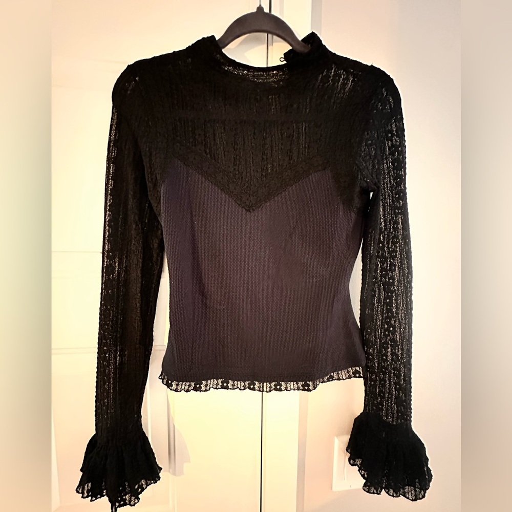 Free People Black Lace Long Sleeve Top – Size S (NWT)